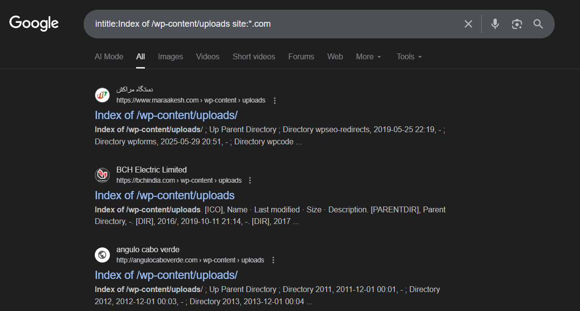 WordPress directory listing using Google Dorks